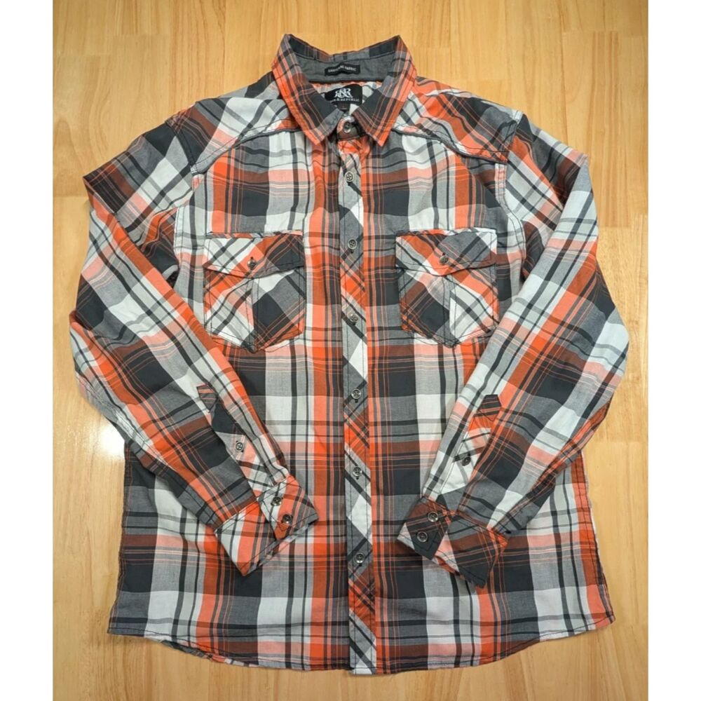 Rock & Republic Plaid Button Up Shirt Men’s Large‎ Orange Gray Casual